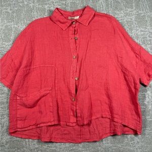 Laura Gotti Italian Linen Button Down Oversized Boho Short Sleeve Shirt Size M
